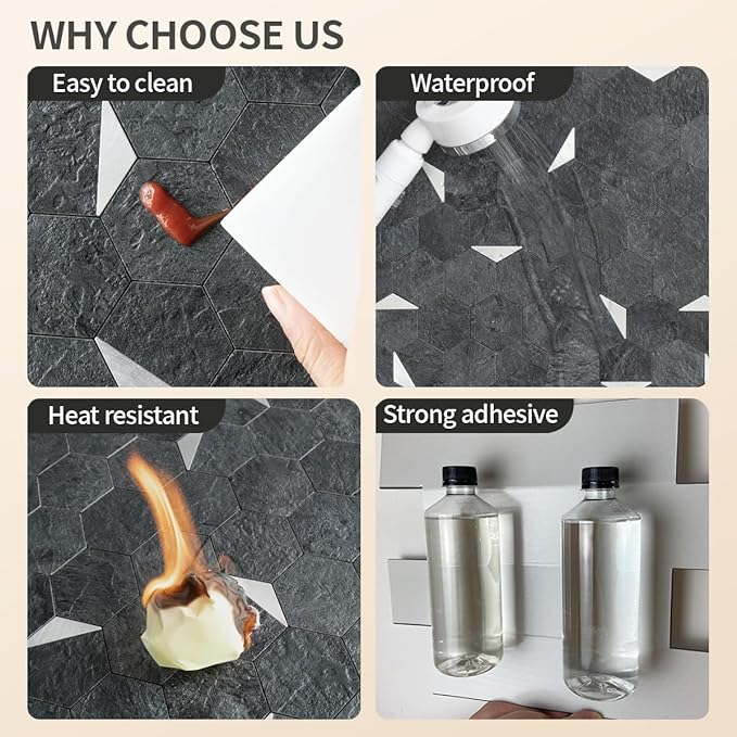 DICOFUN Hexagon Tile Mixed Metal Peel and Stick Backsplash, Self Adhesive Mosaic Tiles for Kitchen and Bathroom (1, Black Slate and Silver)