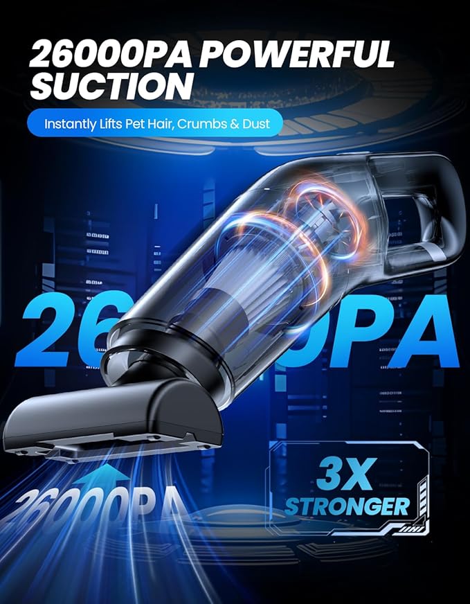 Handheld Vacuum Cordless, 26,000 Pa High Power Suction, Portable Rechargeable Car Vacuum Cleaner for Home, Pet Hair, Keyboard & Furniture, Black