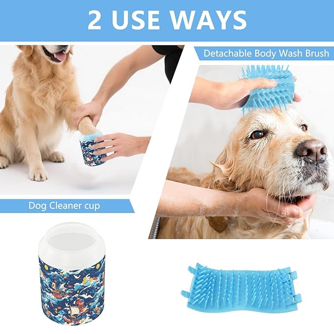 Dog Paw Cleaner Cups for Dogs Pets Foot Washer Paw Scrubber for Medium Small Cats Dogs Cleaning Cup Pirate Ship and Sea Waves Seagulls