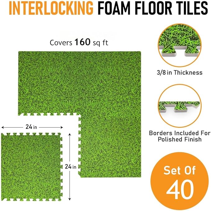 HomeCube USA 3/8 Inch Thick Interlocking Grass Print Foam Floor Tiles for Home, Office, Workout Equipment Space Commercial Areas Anti-Fatigue Flooring Padding 24x24 in, Green Grass, 160 Sq Ft-40 Tiles
