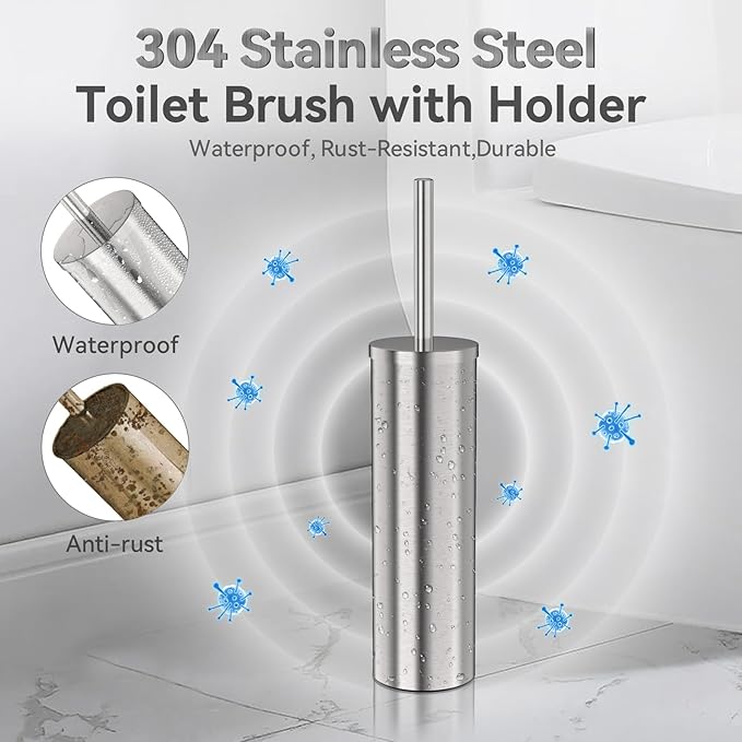 DOWRY Stainless Steel Freestanding Toilet Bowl Brush and Holder with Long Handle for Bathroom Storage Organization,Sturdy Deep Cleaning Toilet Bowl Cleaner Brush,Nickel Brushed SS304-3