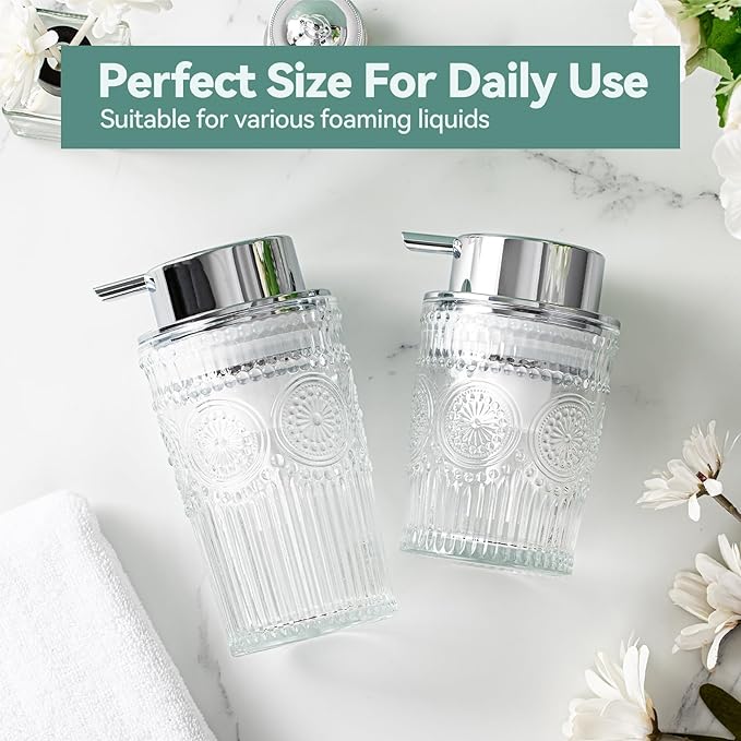 Glass Foaming Soap Dispenser - Foam Hand Soap Dispenser Bathroom, 10 OZ Clear Refillable Liquid Dispenser for Kitchen Dish Dispenser Foam Pump Silver
