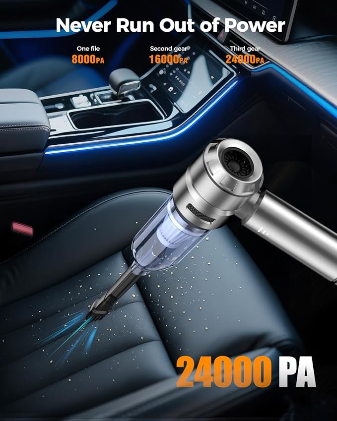 Car Vacuum,3 Suction Modes,Portable Mini Cordless Cleaner with 24000pa Suction Power,Type-C Charge,Handheld Vacuum for Home,Car,Birthday Gifts for Men Dad Husband (Starlight Bright Silver)