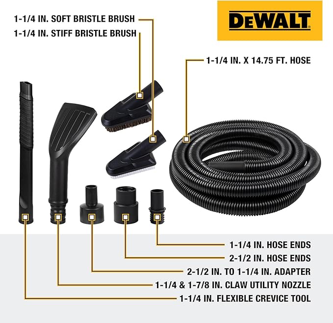 DEWALT 8-Piece Car Detailing Vacuum Hose Accessory Kit, Shop Vac Attachments for Efficient Cleaning, Compatible with Most Wet and Dry Shop Vacuum, DXVA13-0801
