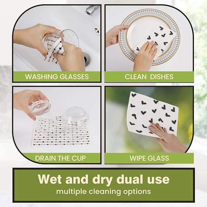 Swedish Dishcloths for Kitchen Reusable 6 Pack Kitchen Towels No Odor Quick-Drying Reusable Paper Towels Reusable Paper Towels Washable for Countertop Sink Kitchen