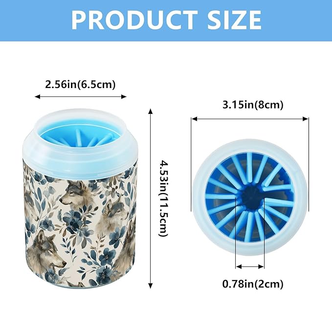 Dog Paw Cleaner Cups for Dogs Pets Foot Washer Paw Scrubber for Medium Small Cats Dogs Cute Cleaning Cup Watercolor Wolves Flowers Grey