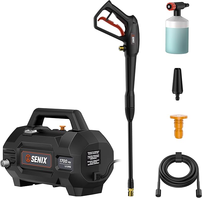 SENIX 13 Amp Electric Pressure Washer - 1700 PSI, 1.2 GPM, Compact with Foam Cannon, Spray Gun, 20-ft Hose, Turbo Nozzle, and 15° Spray Nozzles - Perfect for Cars and Driveways (HPWE13-L)
