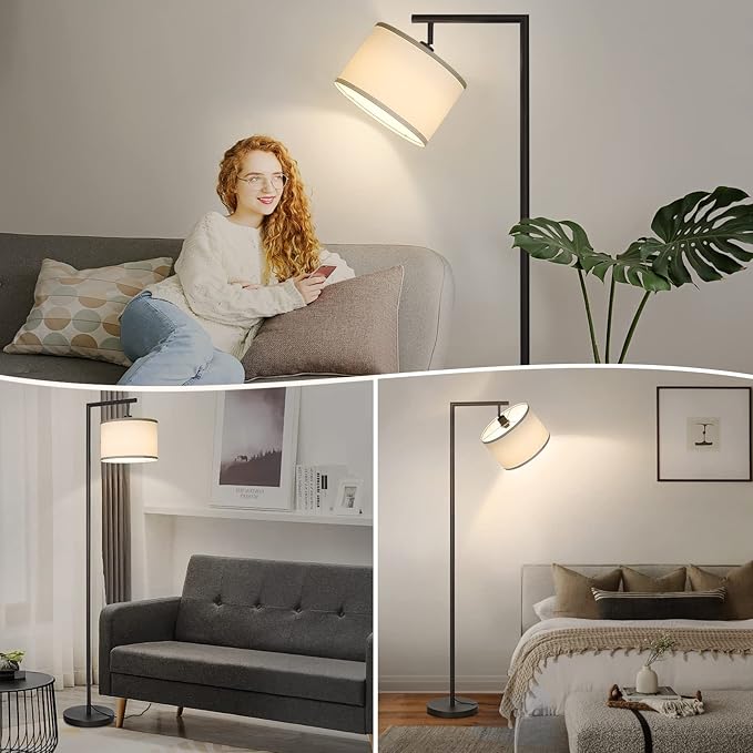 Boncoo Black Floor Lamp, Dimmable Floor Lamp for Living Room, Modern Standing Lamp with Adjustable Drum Shade, Tall Reading Light Corner Lamp Suitable for Couch, Bedroom, Office (Bulb Included)