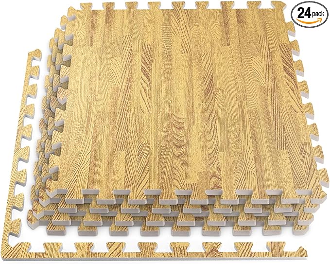 HomeCube USA 3/8 Inch Thick Interlocking Wood Grain Foam Floor Tiles for Home, Office, Workout Equipment Space, Commercial Areas, Anti-Fatigue Flooring Padding 24x24 in, Medium Oak, 96 SQ Ft -24 Tiles