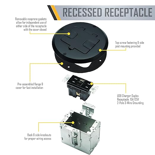 RACO Floor Box Kit 6239ACBK Black 15A/125V Duplex Receptacle Outlet with USB Ports, Single Gang Electrical Box for Wood Sub-Floor with 3.1A/5V Type A and C USB Outlet Receptacles for Home Improvement