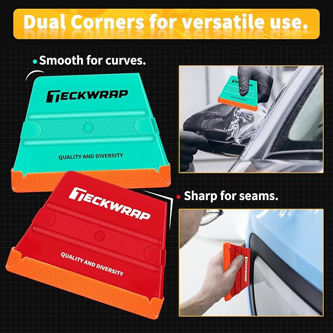 TECKWRAP Felt Squeegee for Vinyl Wrap, Pro Car Wrap Tool Kit with 3 Hardness Levels (Soft/Medium/Hard), Trapezoid Shape, Premium Felt Edge (Yellow 40A / Green 50A / Red 60A)