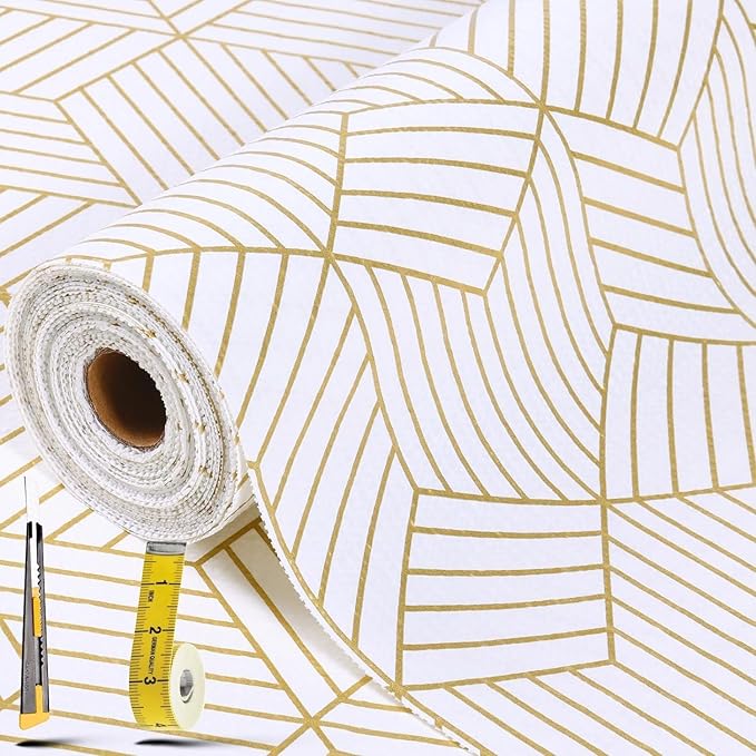 Shelf Liners for Kitchen Cabinets 23.6 in x 30 FT, Non Adhesive Cabinet Liner Strong Non-Slip Thickened Gold Geometric Drawer Liner, Easy to Clean for Shelf