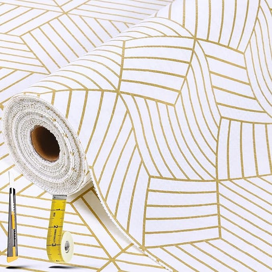 Shelf Liners for Kitchen Cabinets 23.6 in x 30 FT, Non Adhesive Cabinet Liner Strong Non-Slip Thickened Gold Geometric Drawer Liner, Easy to Clean for Shelf