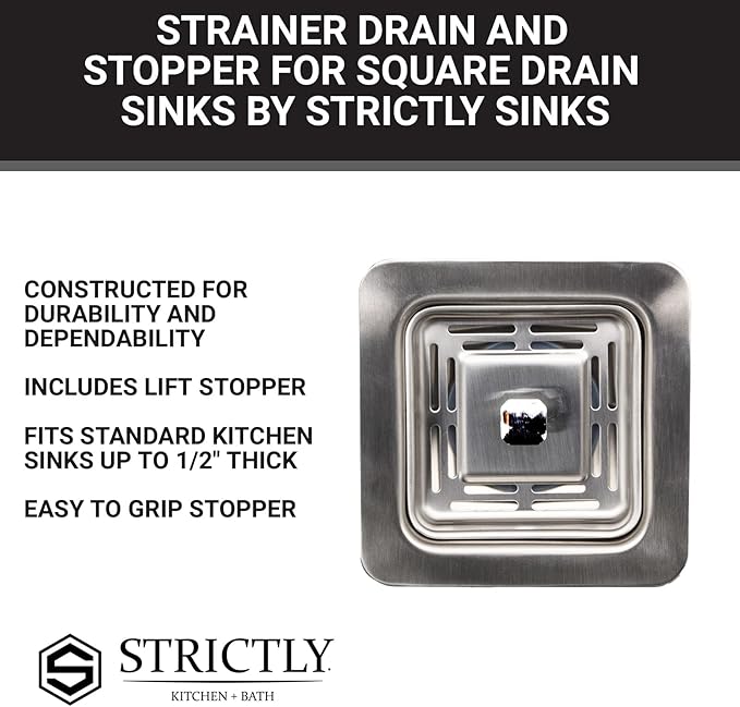 Strictly Sinks Stainless Steel Sink Strainer for Kitchen Sink - Stain Resistant Kitchen Sink Strainer with Large Collection Basket,Sink Drain Strainer for All Square Drain Sinks (Silver)
