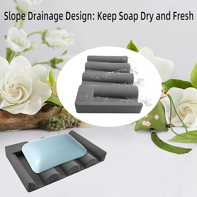 Silicone Soap Dish,Self Draining Soap Holder Perfect for Shower,Bathroom Sink,Kitchen Sink & Travel,Non-Slip Bar Soap Holder Extend Soap Life,Keep Soap Bars Dry & Easy Cleaning Grey-2Pcs