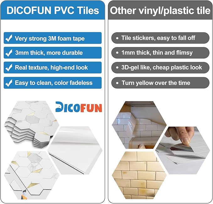 DICOFUN 1 Hexagon Tile Peel and Stick Backsplash, White Marble Look PVC Mixed Golden Metal Mosaic Tiles