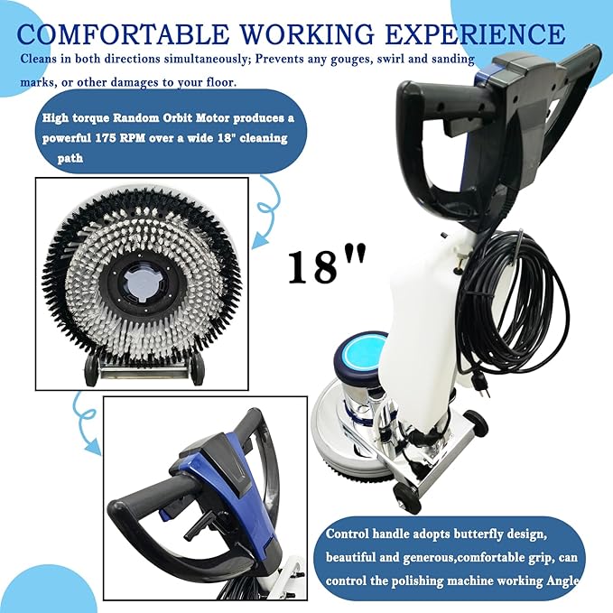 18" Commercial Floor Scrubber & Polisher Heavy Duty Multi-Surface Buffer Cleaner for Wood, Tile, Epoxy, Carpet - 175 RPM, 12L Tank, Low Noise, Industrial & Home Use 110V