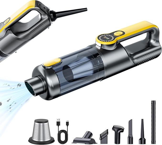 Handheld Vacuum Cordless, Car Vacuum Portable Cordless 6000mAh Dust Busters Rechargeable Brushless Motor 18000Pa Strong Suction, Portable Vacuum for Car Home with 6 Accessories, Yellow