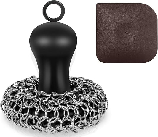 Cast Iron Cleaner Scrubber with Pan Scraper, Upgraded Chain Mail Scrubber Cast Iron Cleaning Kit, Metal Chainmail Scrubbing Sponge Scrub Brush to Clean Pan, Skillet, Grill, Dutch Oven, Wok