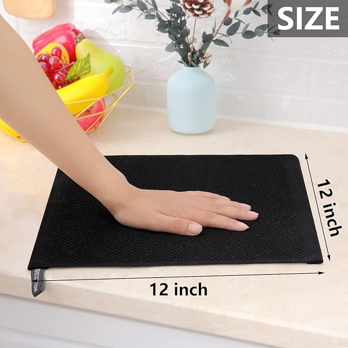Homaxy 100% Cotton Waffle Weave Kitchen Dish Cloths, Ultra Soft Absorbent Quick Drying Dish Towels, 12 x 12 Inches, 24-Pack, Black