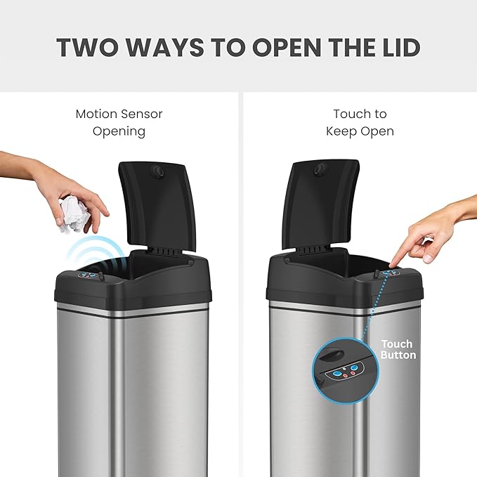 iTouchless 13 Gallon Kitchen Trash Can with Odor Filter, Automatic Motion Sensor Bin, Soft-Close Stainless Steel, Slim Wastebasket for Narrow Spaces, Silver