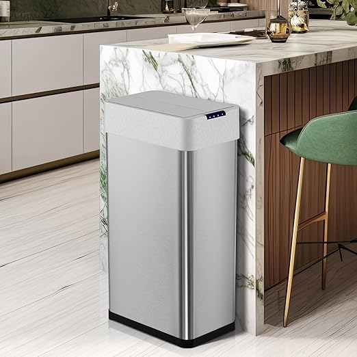 Arlopu 21.1 Gal Automatic Trash Can, 80L Stainless Steel Motion Sensor Garbage Bin, Touchless Brushed Wastebasket, W/Butterfly, Soft-Close Lid, for Living, Dinning Room, Kitchen (Silver)