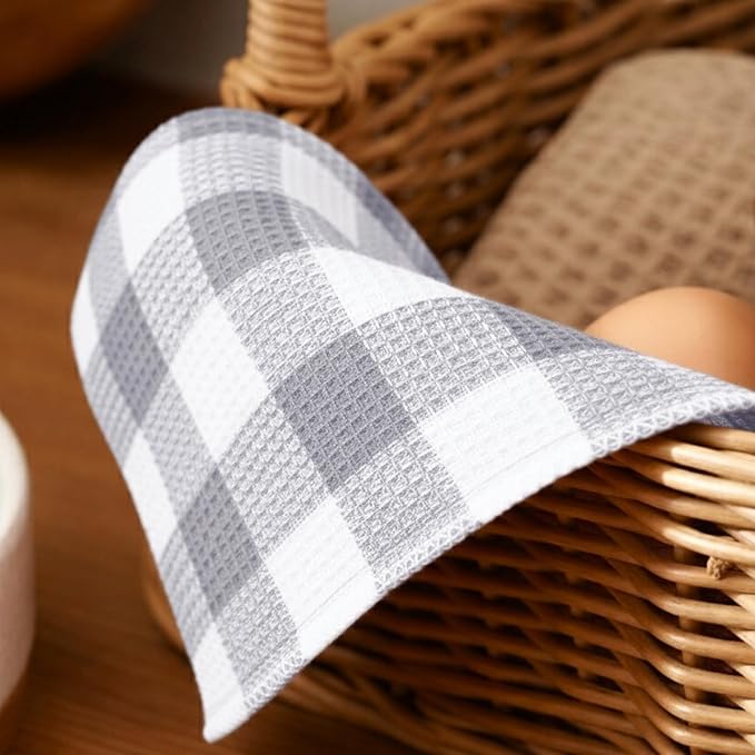 Waffle Weave Plaid Dish Cloths, 100% Cotton - 12 x 12 Inches, Ultra Soft Absorbent Quick Drying Dish Towels Buffalo Check Dish Rags for Kitchen, 8 Pack - Fall Thanksgiving - Grey & White