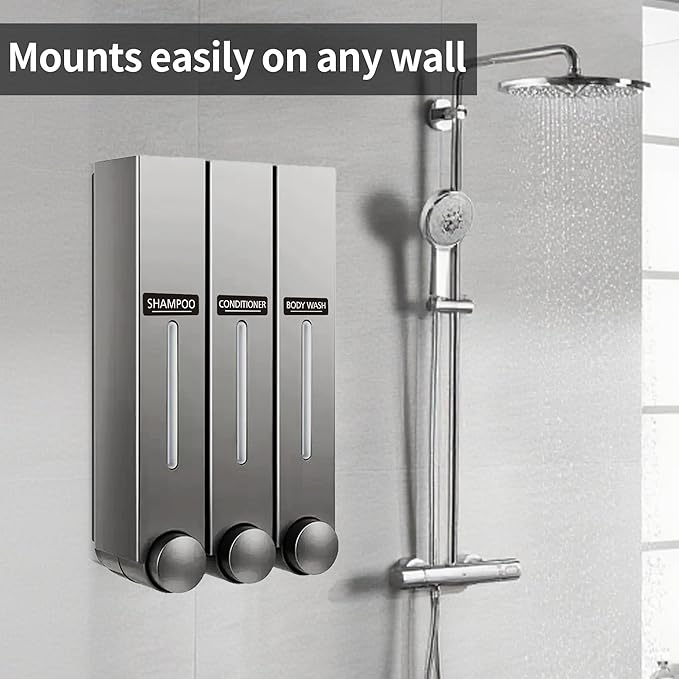 Shower Shampoo Dispenser 3 Chamber-Wall-Mounted Soap Dispenser for Bathroom,No-Drill Installation,42.6 oz Capacity,Shampoo Conditioner Body Wash Dispenser,Wall Mount Soap Dispenser for Shower