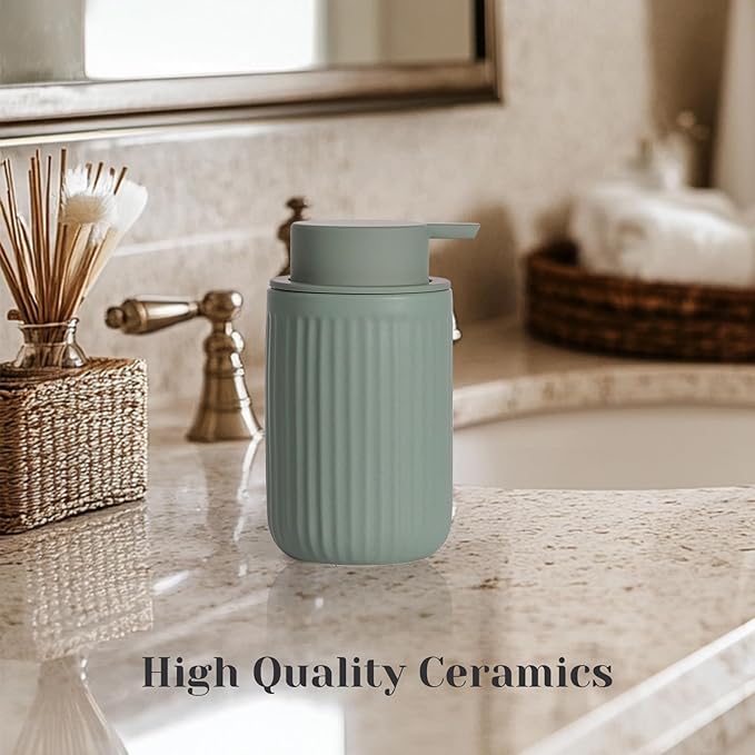 INGOFIN Ceramic Lotion Dispenser - 12oz Refillable Hand Soap Dispenser Bathroom, Modern Liquid Soap Dispenser with Pump, Dish Dispenser for Kitchen, Sage Green