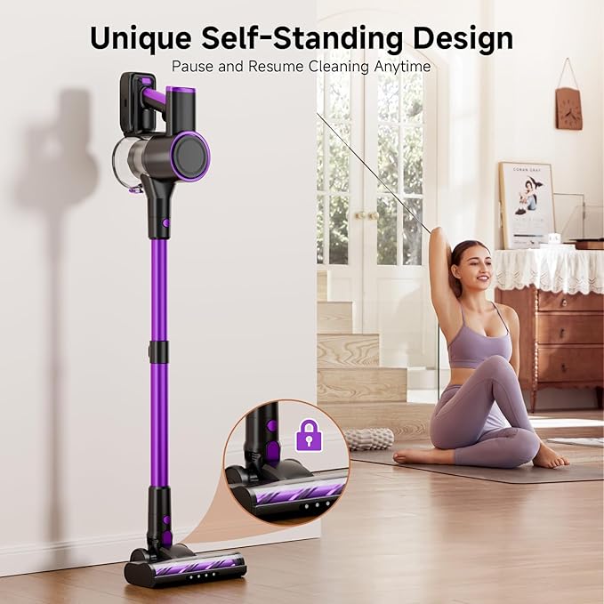 Cordless Vacuum Cleaner, 500W/40Kpa Vacuum Cleaners for Home, Stick Vacuum Cordless with LED Display, Anti-Tangle & Wall Mount, 8 in 1 Lightweight Vacuum for Hard Floors Pet Hair(Purple)
