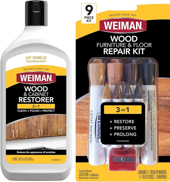Weiman Wood Restore and Repair Kit, Wood Floor Scratch Repair, Furniture Markers Touch Up, Cabinet Cleaner, Removes Dirt & Reduces Scratches, Safe for Table, Desk, & Chair, UV Shield Technology