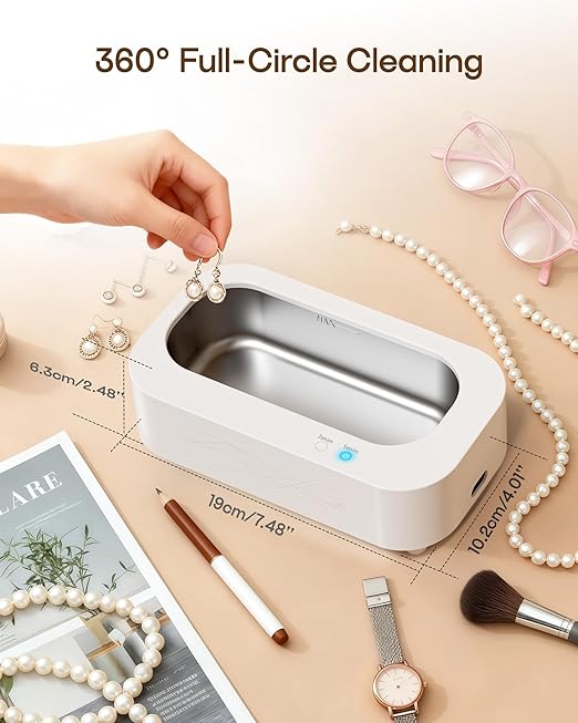 Ultrasonic Jewelry Cleaner, Professional 48KHz Ultrasonic Machine for Jewelry, Eyeglass,Denture,Watch Band,Retainer,Ring - 2 Cleaning Modes/360°Deep Clean,350ML/12OZ 304 Stainless Steel Tank,Low Noise