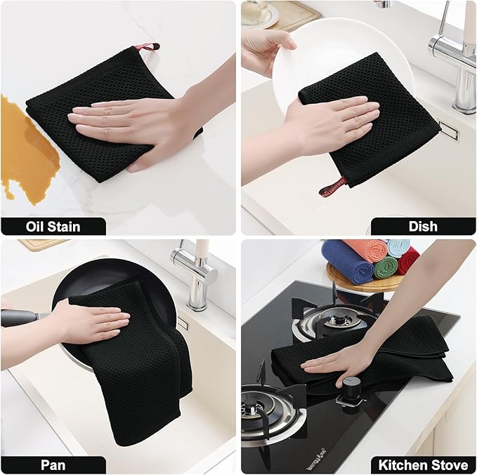 Homaxy 100% Cotton Kitchen Towels and Dishcloths Set, 12 x 12 Inches and 13 x 28 Inches, Set of 10 Bulk Kitchen Towels Set, Ultra Soft Absorbent Dish Cloths for Washing Dishes, Black