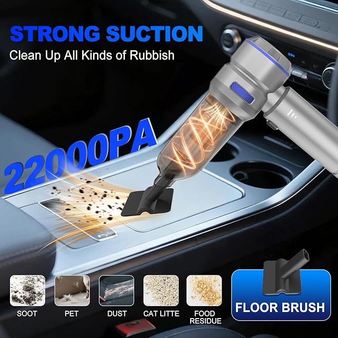 Handheld Car Vacuum Cleaner, 4-in-1 Cordless Vacuum Cleaner, 22000 PA High Power Portable Car Vacuum with Brushless Motor, for Home, Office, Camping (Silver Blue)