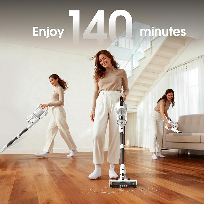Cordless Vacuum Cleaner, 2 Batteries 140 Mins Runtime 600W 50Kpa Stick Vacuum Cordless, Self-Standing Vacuum Cleaners for Home with 2.5H Fast Charging, for Floor/Carpet/Pet Hair, White