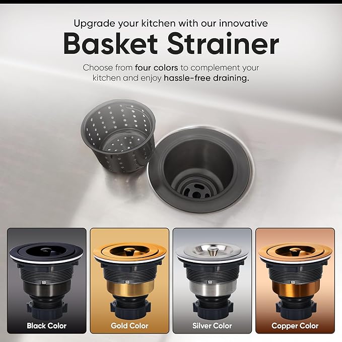 Strictly Sinks Sink Drain Strainer with Removable Basket - 3-1/2 Inch Stainless Steel Round Kitchen Sink Drain Assembly Kit with Deep Strainer Basket & Stopper (Black)