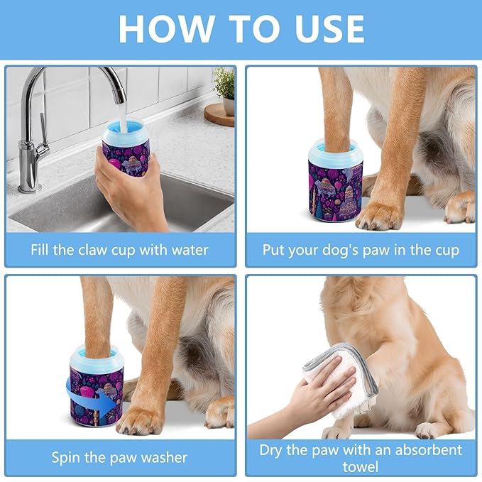 Dog Paw Cleaner Cups for Dogs Pet Foot Washer Paw Scrubber for Medium Small Large Dogs Cats Cleaning Cup Purple Animals Footprints