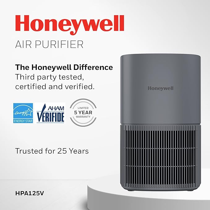 Honeywell AllergenPlus HEPA Air Purifier for Home, 530 Ft² Rooms in 1 hour, 3-in-1 Filter, Compact Design, Auto Mode, Reduces Allergens, Dust, Pollen, Smoke, Pet Dander, Odors, Grey, HPA125V