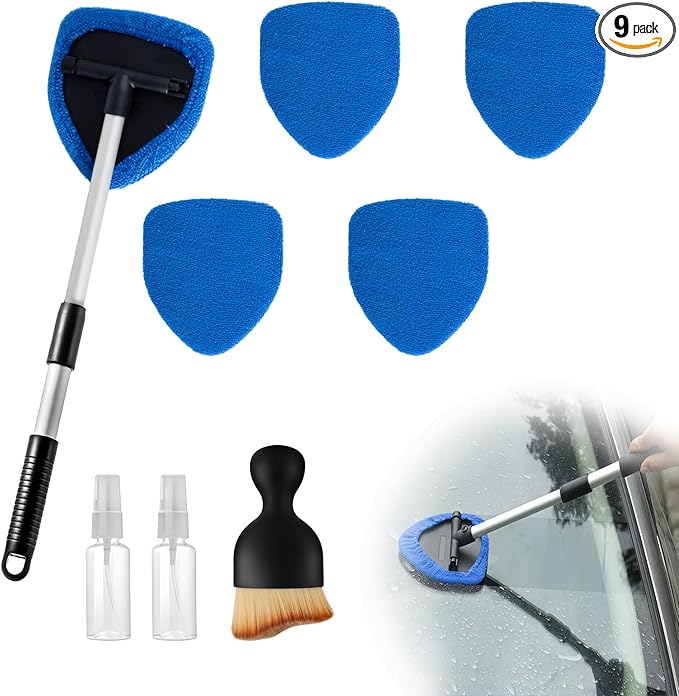 9 PCS Car Windshield Cleaner Tool Kit, Car Window Cleaner Windshield Cleaning Tool with Microfiber Pad Spray Bottle Detailing Brush and Extendable Handle, Auto Glass Wiper Kit Home Window, Blue