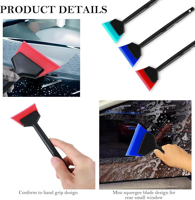 3Pcs Window Tint Squeegee, Rubber Mini Squeegee with Anti Slip Handle, All Purpose Vinyl Wrap Tool Kit for Car Corner Window Windshield Glass Mirror