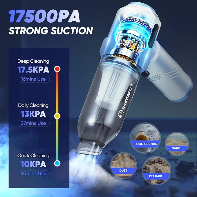 Cordless Car Vacuum, 4 in 1 Mini Vacuum Cleaner High Power 17500PA Suction Handheld Vacuum, Portable Air Dusters,Battery 3 Level Adjustment Small Car Cleaner for Cars Home Office (Silver)
