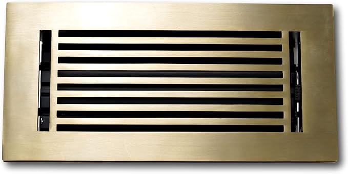 Madelyn Carter 4 x 10 Cast Aluminum Linear Bar Vent Cover with Damper - Brushed Brass (Overall: 5.75 x 11.75) | Floor Register - Wall Register