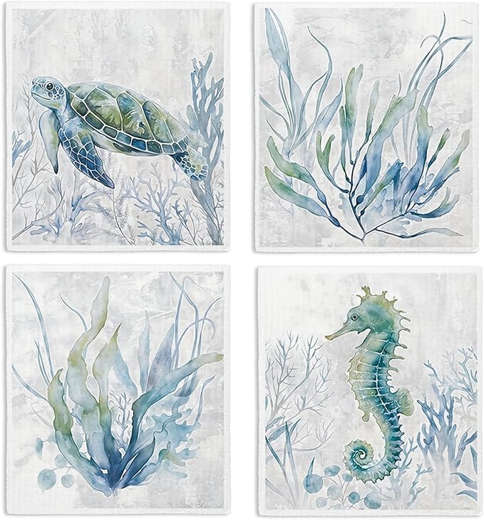 Swedish Dishcloths for Kitchen, Coastal Ocean Turtle Kitchen Dish Towels for Washing Dishes, 4 Pack Reusable Paper Towels Washable, Sponge Cloths for Home Cleaning Baking Cooking Decor
