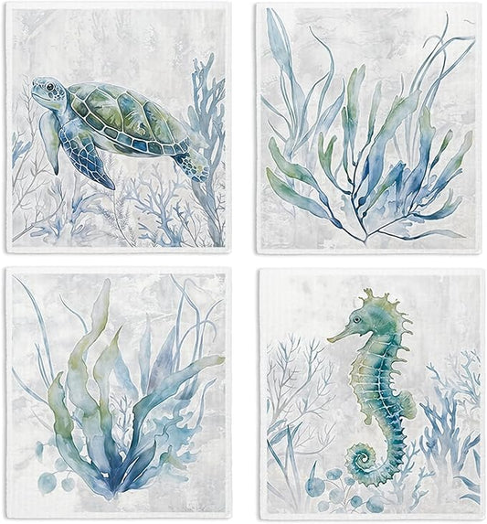 Swedish Dishcloths for Kitchen, Coastal Ocean Turtle Kitchen Dish Towels for Washing Dishes, 4 Pack Reusable Paper Towels Washable, Sponge Cloths for Home Cleaning Baking Cooking Decor
