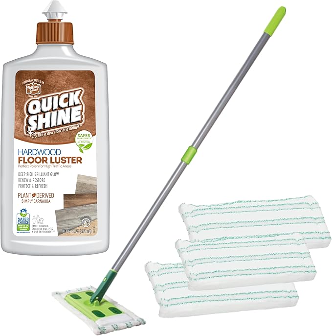 Quick Shine Hardwood Floor Clean + Polish Mop Kit w/ 3 Reusable Pads & 1-16 oz. Floor Luster w/Plant-Derived Carnauba | Use Wet + Dry | Safer Choice pH Neutral Ready to Use Formula