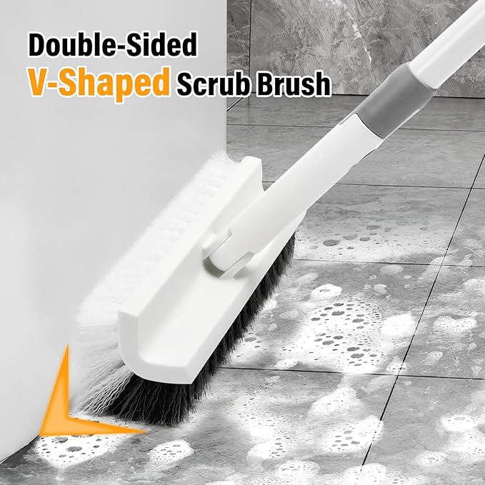 Floor Scrub Brush with Long Handle,Double-Sided V-Shaped Deck Brush,Grout Brush,Shower Floor Scrubber for Cleaning, Tile Scrub Brush with Stiff Bristles, 48"