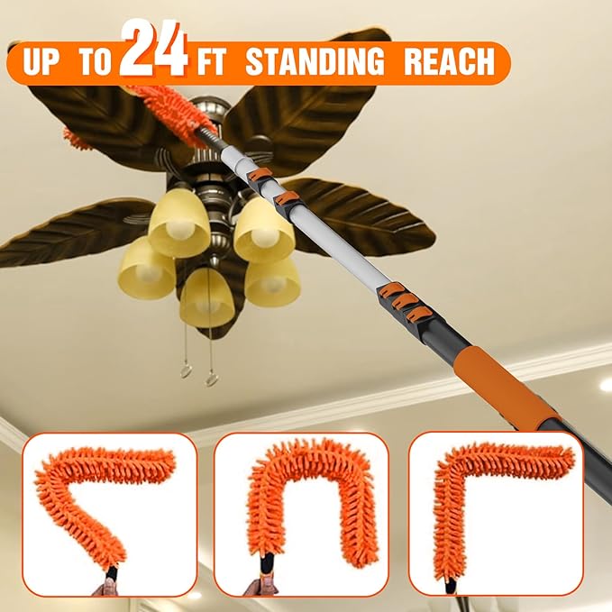 30FT High Reach Duster Cleaning Kit with Extension Pole, High Ceiling Fan Cleaner Duster Tool for Fan Blades, Window Washing Kit with Microfiber Feather Duster & Window Squeegee