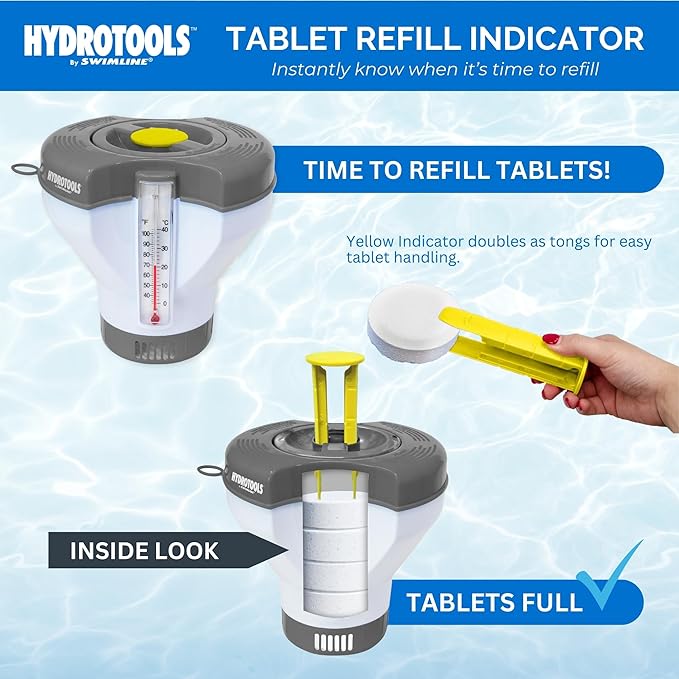 SWIMLINE HYDROTOOLS Smart Chlorine Floater Dispenser for Above Ground & Inground Pools Spas W/Thermometer | Tablet Refill Indicator & Tongs | Large Adjustable Floating 3-Inch Chlorine Bromine Tabs