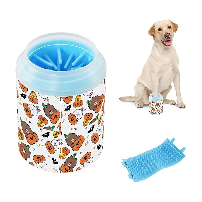 Dog Paw Cleaner Cups for Dogs Pets Foot Washer Paw Scrubber for Medium Small Cats Dogs Cleaning Cup Pumpkin and Animals White
