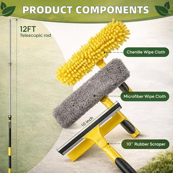 150'' Long Reach Window Squeegee with Telescoping Extension Pole, 2-in-1 Indoor/Outdoor Cleaning Tool with 270° Rotatable Head, Lightweight Alloy Aluminum Pole for Shower Door, Mirror, Car Windshield